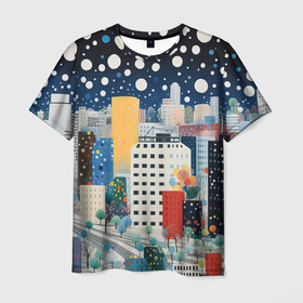 Мужская футболка 3D с принтом Новогодний ночной город в Петрозаводске, 100% полиэфир | прямой крой, круглый вырез горловины, длина до линии бедер | 