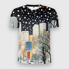 Мужская футболка 3D Slim с принтом Новогодний ночной  город в Петрозаводске, 100% полиэстер с улучшенными характеристиками | приталенный силуэт, круглая горловина, широкие плечи, сужается к линии бедра | 