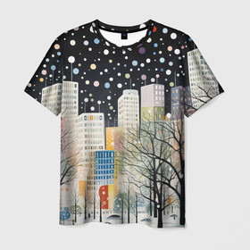 Мужская футболка 3D с принтом Новогодний ночной  город в Петрозаводске, 100% полиэфир | прямой крой, круглый вырез горловины, длина до линии бедер | 