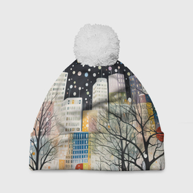 Шапка 3D c помпоном с принтом Новогодний ночной  город в Курске, 100% полиэстер | универсальный размер, печать по всей поверхности изделия | 