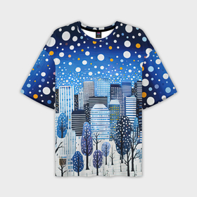 Мужская футболка oversize 3D с принтом Новогодний синий ночной город в Белгороде,  |  | Тематика изображения на принте: 