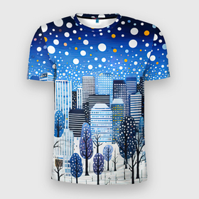 Мужская футболка 3D Slim с принтом Новогодний синий ночной город в Петрозаводске, 100% полиэстер с улучшенными характеристиками | приталенный силуэт, круглая горловина, широкие плечи, сужается к линии бедра | 