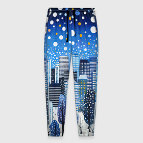 Мужские брюки 3D с принтом Новогодний синий ночной город в Белгороде, 100% полиэстер | манжеты по низу, эластичный пояс регулируется шнурком, по бокам два кармана без застежек, внутренняя часть кармана из мелкой сетки | 