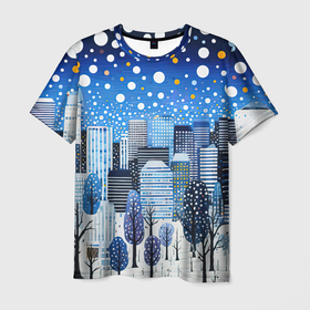 Мужская футболка 3D с принтом Новогодний синий ночной город в Петрозаводске, 100% полиэфир | прямой крой, круглый вырез горловины, длина до линии бедер | 