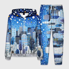Мужской костюм 3D с принтом Новогодний синий ночной город в Белгороде, 100% полиэстер | Манжеты и пояс оформлены тканевой резинкой, двухслойный капюшон со шнурком для регулировки, карманы спереди | 