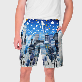 Мужские шорты 3D с принтом Новогодний синий ночной город в Белгороде,  полиэстер 100% | прямой крой, два кармана без застежек по бокам. Мягкая трикотажная резинка на поясе, внутри которой широкие завязки. Длина чуть выше колен | 