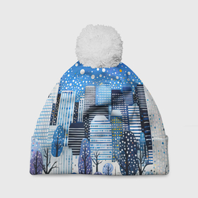 Шапка 3D c помпоном с принтом Новогодний синий ночной город в Курске, 100% полиэстер | универсальный размер, печать по всей поверхности изделия | 