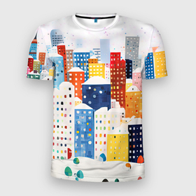 Мужская футболка 3D Slim с принтом День в новогоднем городе в Белгороде, 100% полиэстер с улучшенными характеристиками | приталенный силуэт, круглая горловина, широкие плечи, сужается к линии бедра | 