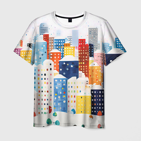 Мужская футболка 3D с принтом День в новогоднем городе в Петрозаводске, 100% полиэфир | прямой крой, круглый вырез горловины, длина до линии бедер | 