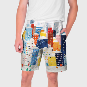 Мужские шорты 3D с принтом День в новогоднем городе ,  полиэстер 100% | прямой крой, два кармана без застежек по бокам. Мягкая трикотажная резинка на поясе, внутри которой широкие завязки. Длина чуть выше колен | Тематика изображения на принте: 