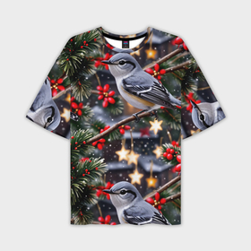 Мужская футболка oversize 3D с принтом Рождественская птица пересмешник ,  |  | Тематика изображения на принте: 