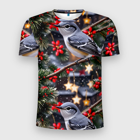 Мужская футболка 3D Slim с принтом Рождественская птица пересмешник , 100% полиэстер с улучшенными характеристиками | приталенный силуэт, круглая горловина, широкие плечи, сужается к линии бедра | Тематика изображения на принте: 