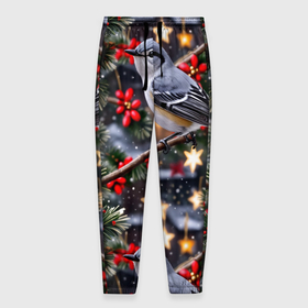 Мужские брюки 3D с принтом Рождественская птица пересмешник в Петрозаводске, 100% полиэстер | манжеты по низу, эластичный пояс регулируется шнурком, по бокам два кармана без застежек, внутренняя часть кармана из мелкой сетки | 