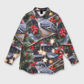 Мужская рубашка oversize 3D с принтом Рождественская птица пересмешник ,  |  | Тематика изображения на принте: 