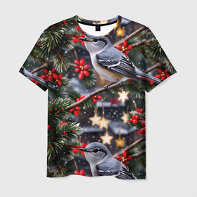 Мужская футболка 3D с принтом Рождественская птица пересмешник в Петрозаводске, 100% полиэфир | прямой крой, круглый вырез горловины, длина до линии бедер | 