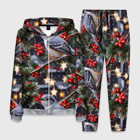 Мужской костюм 3D с принтом Рождественская птица пересмешник в Петрозаводске, 100% полиэстер | Манжеты и пояс оформлены тканевой резинкой, двухслойный капюшон со шнурком для регулировки, карманы спереди | 