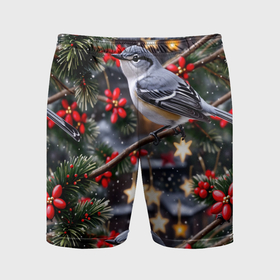 Мужские шорты спортивные с принтом Рождественская птица пересмешник в Петрозаводске,  |  | 