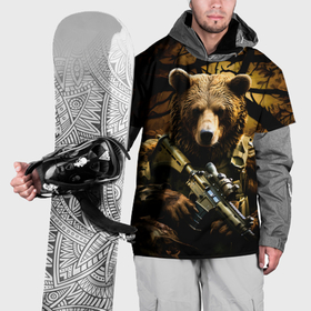 Накидка на куртку 3D с принтом Медведь солдат в дремучем лесу , 100% полиэстер |  | 
