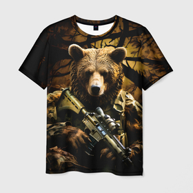 Мужская футболка 3D с принтом Медведь солдат в дремучем лесу в Петрозаводске, 100% полиэфир | прямой крой, круглый вырез горловины, длина до линии бедер | 