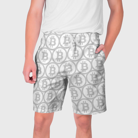Мужские шорты 3D с принтом Биткоин патерн на белом фоне в Белгороде,  полиэстер 100% | прямой крой, два кармана без застежек по бокам. Мягкая трикотажная резинка на поясе, внутри которой широкие завязки. Длина чуть выше колен | 