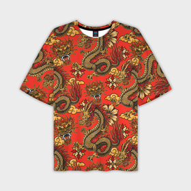 Мужская футболка oversize 3D с принтом Паттерн из драконов на красном фоне в Тюмени,  |  | 