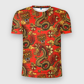 Мужская футболка 3D Slim с принтом Паттерн из драконов на красном фоне в Тюмени, 100% полиэстер с улучшенными характеристиками | приталенный силуэт, круглая горловина, широкие плечи, сужается к линии бедра | 