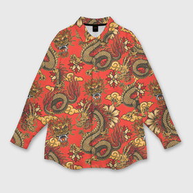 Мужская рубашка oversize 3D с принтом Паттерн из драконов на красном фоне в Тюмени,  |  | 