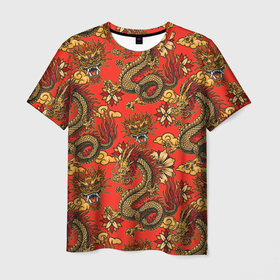 Мужская футболка 3D с принтом Паттерн из драконов на красном фоне в Тюмени, 100% полиэфир | прямой крой, круглый вырез горловины, длина до линии бедер | 