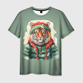 Мужская футболка 3D с принтом Новогодний тигр в Санкт-Петербурге, 100% полиэфир | прямой крой, круглый вырез горловины, длина до линии бедер | 