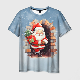 Мужская футболка 3D с принтом Санта выходит из камина в Екатеринбурге, 100% полиэфир | прямой крой, круглый вырез горловины, длина до линии бедер | 