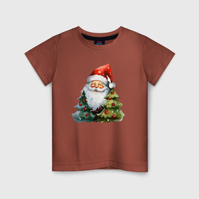 Детская футболка хлопок с принтом Санта в ёлках в Белгороде, 100% хлопок | круглый вырез горловины, полуприлегающий силуэт, длина до линии бедер | Тематика изображения на принте: 