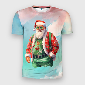 Мужская футболка 3D Slim с принтом Санта в стильном костюме в Белгороде, 100% полиэстер с улучшенными характеристиками | приталенный силуэт, круглая горловина, широкие плечи, сужается к линии бедра | 
