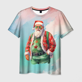 Мужская футболка 3D с принтом Санта в стильном костюме в Екатеринбурге, 100% полиэфир | прямой крой, круглый вырез горловины, длина до линии бедер | 