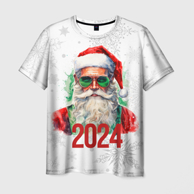 Мужская футболка 3D с принтом Санта в зеленых очках в Екатеринбурге, 100% полиэфир | прямой крой, круглый вырез горловины, длина до линии бедер | 