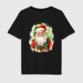 Мужская футболка хлопок Oversize с принтом Бородатый Санта в Екатеринбурге, 100% хлопок | свободный крой, круглый ворот, “спинка” длиннее передней части | Тематика изображения на принте: 
