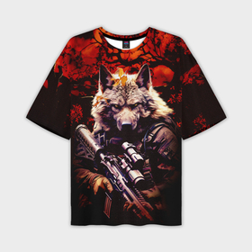 Мужская футболка oversize 3D с принтом Волк солдат в красном лесу в Екатеринбурге,  |  | Тематика изображения на принте: 