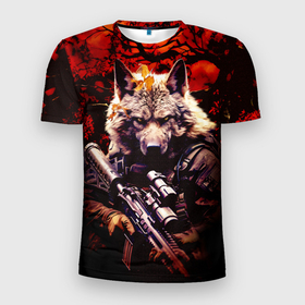 Мужская футболка 3D Slim с принтом Волк солдат в красном лесу в Екатеринбурге, 100% полиэстер с улучшенными характеристиками | приталенный силуэт, круглая горловина, широкие плечи, сужается к линии бедра | Тематика изображения на принте: 
