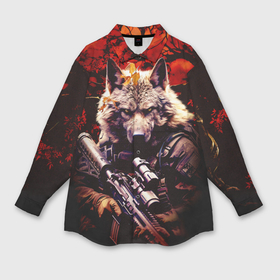Мужская рубашка oversize 3D с принтом Волк солдат в красном лесу ,  |  | 