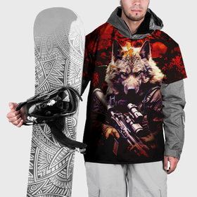 Накидка на куртку 3D с принтом Волк солдат в красном лесу в Белгороде, 100% полиэстер |  | 