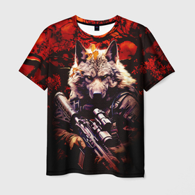 Мужская футболка 3D с принтом Волк солдат в красном лесу в Екатеринбурге, 100% полиэфир | прямой крой, круглый вырез горловины, длина до линии бедер | Тематика изображения на принте: 