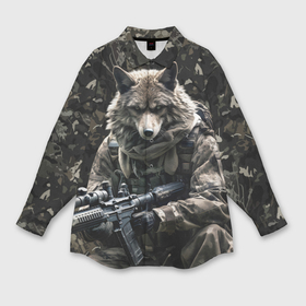 Мужская рубашка oversize 3D с принтом Волк солдат в камуфляже в Курске,  |  | 