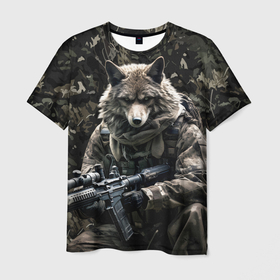 Мужская футболка 3D с принтом Волк солдат в камуфляже в Санкт-Петербурге, 100% полиэфир | прямой крой, круглый вырез горловины, длина до линии бедер | 