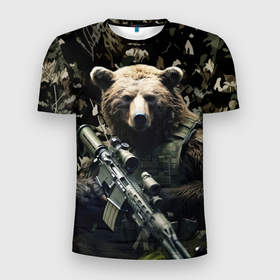 Мужская футболка 3D Slim с принтом Медведь солдат с винтовкой в Новосибирске, 100% полиэстер с улучшенными характеристиками | приталенный силуэт, круглая горловина, широкие плечи, сужается к линии бедра | 
