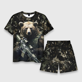 Мужской костюм с шортами 3D с принтом Медведь солдат с винтовкой в Новосибирске,  |  | 