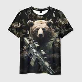 Мужская футболка 3D с принтом Медведь солдат с винтовкой в Санкт-Петербурге, 100% полиэфир | прямой крой, круглый вырез горловины, длина до линии бедер | 