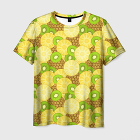 Мужская футболка 3D с принтом Фрукты   ананас и киви в Тюмени, 100% полиэфир | прямой крой, круглый вырез горловины, длина до линии бедер | 