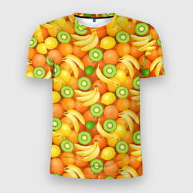 Мужская футболка 3D Slim с принтом Апельсины, бананы, киви, лимоны в Белгороде, 100% полиэстер с улучшенными характеристиками | приталенный силуэт, круглая горловина, широкие плечи, сужается к линии бедра | 