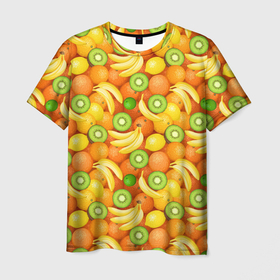 Мужская футболка 3D с принтом Апельсины, бананы, киви, лимоны в Санкт-Петербурге, 100% полиэфир | прямой крой, круглый вырез горловины, длина до линии бедер | 