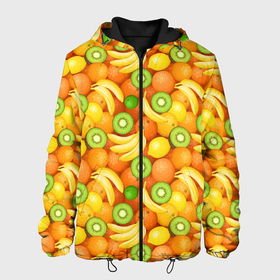 Мужская куртка 3D с принтом Апельсины, бананы, киви, лимоны в Тюмени, ткань верха — 100% полиэстер, подклад — флис | прямой крой, подол и капюшон оформлены резинкой с фиксаторами, два кармана без застежек по бокам, один большой потайной карман на груди. Карман на груди застегивается на липучку | Тематика изображения на принте: 