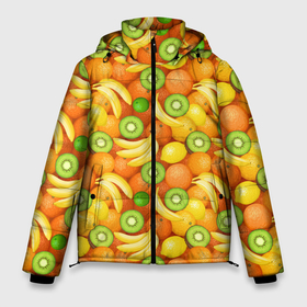 Мужская зимняя куртка 3D с принтом Апельсины, бананы, киви, лимоны в Курске, верх — 100% полиэстер; подкладка — 100% полиэстер; утеплитель — 100% полиэстер | длина ниже бедра, свободный силуэт Оверсайз. Есть воротник-стойка, отстегивающийся капюшон и ветрозащитная планка. 

Боковые карманы с листочкой на кнопках и внутренний карман на молнии. | Тематика изображения на принте: 